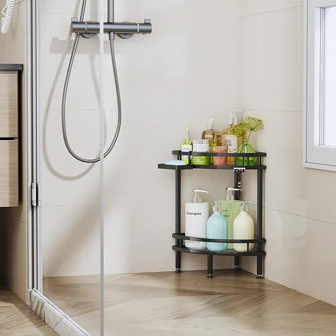 HapiRm Standing Corner Shower Caddy - 2 Tier Shower Organizer Corner with Soap Holder and 2 Hooks, Rustproof Bathroom Storage Shelves with Adhesives, Black - ModernBath