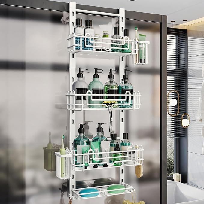 HapiRm 4 Tier Over the Door Shower Caddy, Hanging Shower Caddy with 22 Hooks and 2 Toothbrush Holders, No Drilling Adjustable Hanging Bathroom Organizer - White - ModernBath