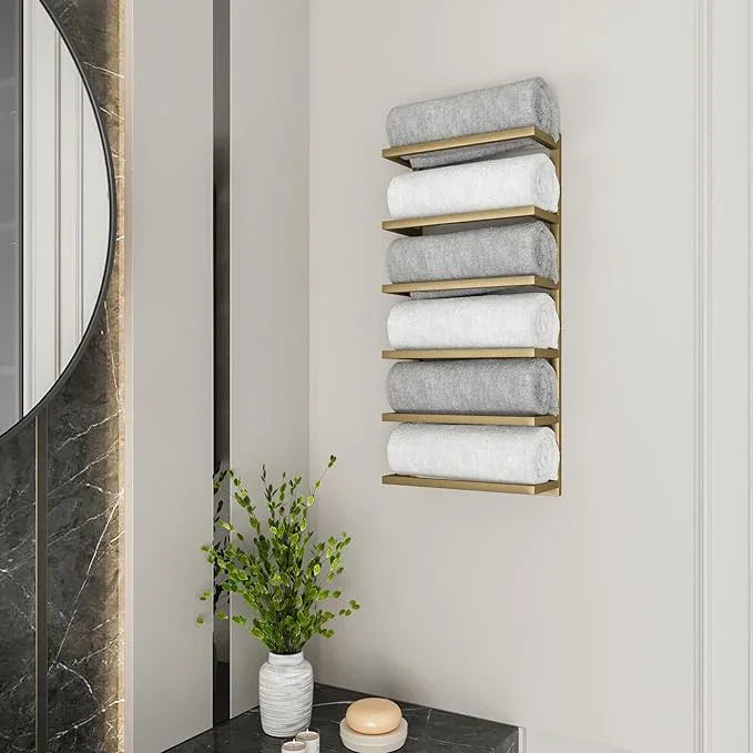 Modern Tiered Towel Rack - Wall-Mounted Metal Towel Shelf for Bathroom, Space-Saving Storage for Towels, Organizers, and Home Decor (Gold, 6-Tier) - ModernBath
