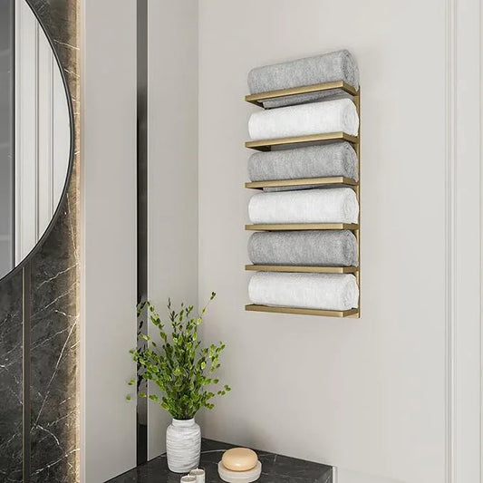 Modern Tiered Towel Rack - Wall-Mounted Metal Towel Shelf for Bathroom, Space-Saving Storage for Towels, Organizers, and Home Decor (Gold, 6-Tier) - ModernBath