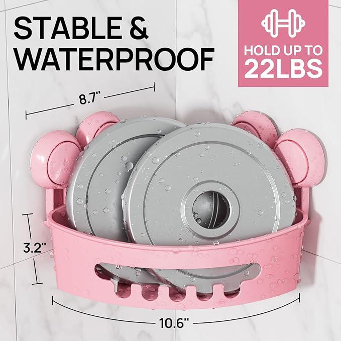 LEVERLOC Corner Shower Caddy Suction Cup, Shower Caddy Basket Powerful Suction Bathroom, Waterproof & Rustproof Organizer for Bathroom Storage, No-Drilling Removable (Pink) - ModernBath