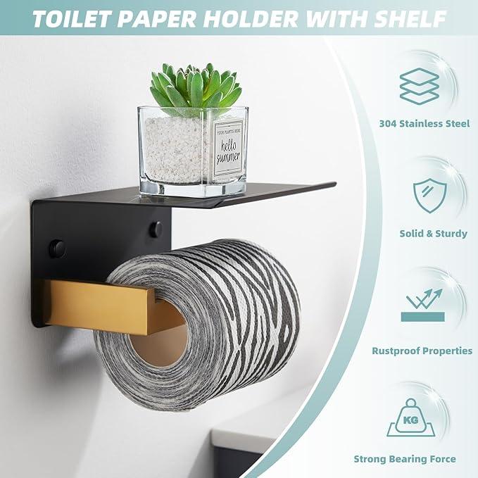 Toilet Paper Holder with Phone Shelf Black & Gold, APLusee 304 Stainless Steel Tissue Roll Dispenser Storage, Bathroom Accessories Wall Mounted - ModernBath