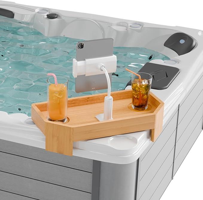 POOLCOMFT Bamboo Hot Tub Tray with Adjustable Phone Holder, Non-Slip Bath Table Tray with Card & Scented Candle - Spa Gift Set for Hot Tub Owners, Women, Parents - Unique Valentines Birthday Gift Idea - ModernBath