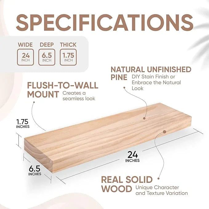 Homeforia 24 inch Wood Floating Shelves, High End Solid Natural Wood 24inch Floating Shelf for Wall, Unfinished Wooden 24 inches Floating Shelves, Heavy Duty Bracket, 24 X 6.5 X 1.75 in, Set of 4 - ModernBath