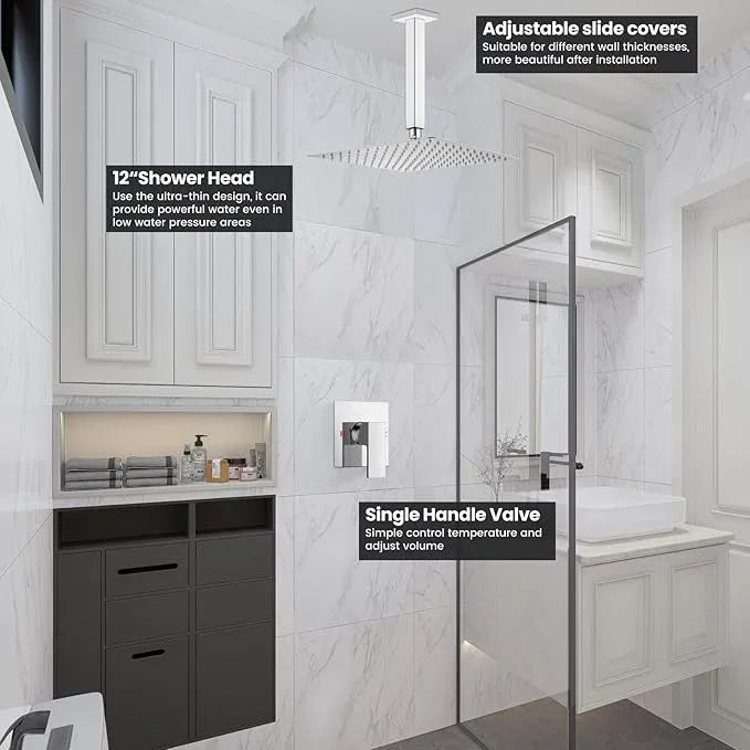 Airuida Shower Faucet Set and Handle Set Single Function Shower Trim Kit Ceiling Mount Rainfall Shower System with Male Threads and Rough-in Valve 12 Inch Square Shower Head Chrome Polish - ModernBath