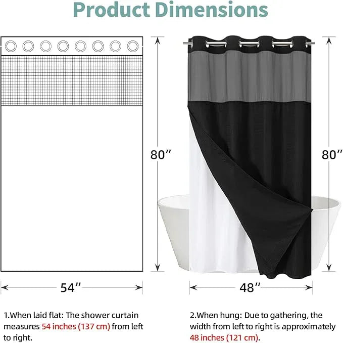eachope Stall Black No Hook Waffle Weave Shower Curtain with snap-in Liner Replacement, 230GSM Waterproof Fabric Hotel Shower Curtain Set for Bathroom, Through Mesh Top Window,54Wx80H - ModernBath