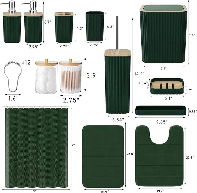 XLHOMO Bathroom Accessories Set - 25PC Green Bathroom Set, Bathroom Set with Shower Curtain and Rugs, Green Shower Curtain Set, Toilet Brush, Bathroom Trash Can - ModernBath
