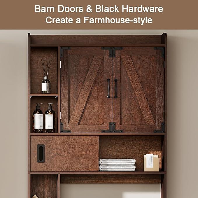 ChooChoo Over The Toilet Storage Cabinet, Farmhouse Bathroom Storage Cabinet with Sliding Door, Over Toilet Storage with Adjustable Shelves, Space-Saving, Walnut - ModernBath