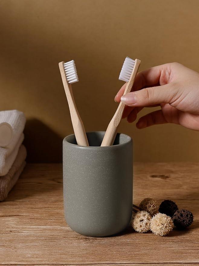 INGOFIN 3 Pcs Ceramic Bathroom Accessory Set - Liquid Soap Dispenser, Toothbrush Holder & Tray, Bathroom Counter Set, Countertop Essentials for Home, Guest Bathroom, or Office Use, Grey - ModernBath