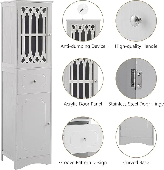 Tall Bathroom Storage Cabinet with 2 Doors & Drawer, 64" H Bathroom Cabinets Freestanding, Slim Linen Cabinet with Adjustable Shelves, Narrow Linen Tower for Living Room, Laundry Room, White - ModernBath