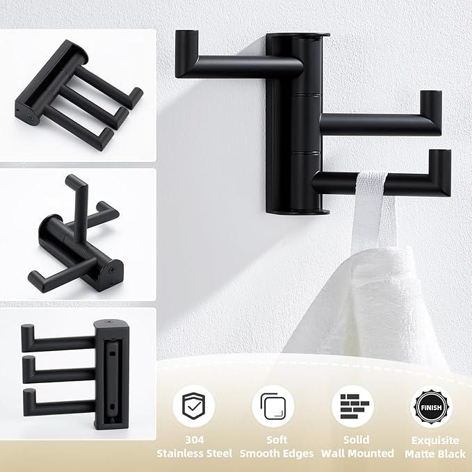 APLusee Swivel Towel Hook, 304 Stainless Steel Foldable Clothes Hook with Multi Three Rotating Arm, Flexible Bathroom Kitchen Storage Hanger Wall Mounted, Matte Black - ModernBath
