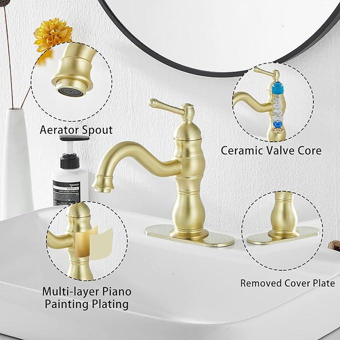 Bathroom Faucet Brushed Gold GGStudy 360° Swivel Bathroom Vanity Faucet Single Handle One Hole Bathroom Sink Faucet Basin Matching Pop Up Drain with Overflow - ModernBath