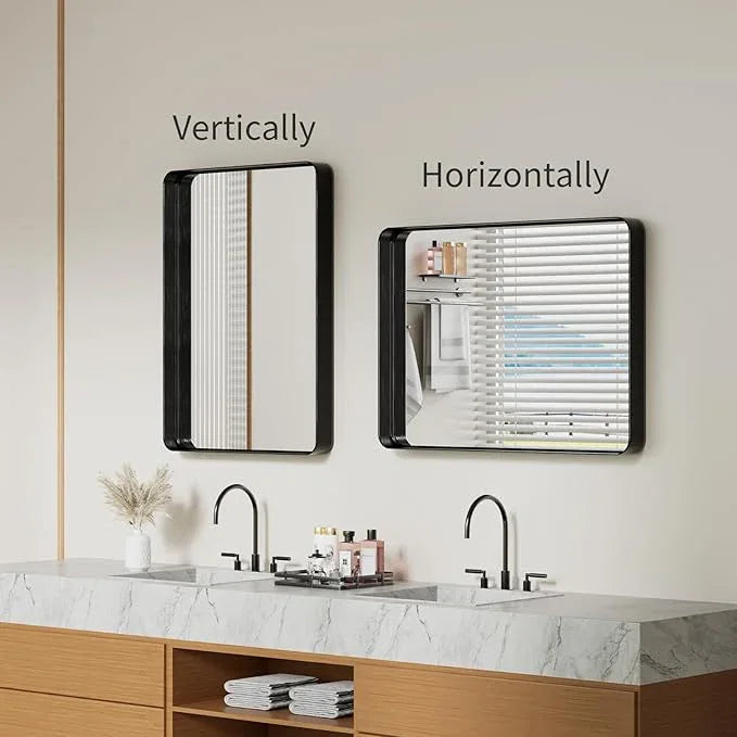 Koonmi Black Bathroom Mirror for Wall, 22x30 Inch Matte Metal Deep Framed Rounded Corner Wall Mirror, Shatterproof Tempered Glass for Farmhouse Bedroom Entryway, Vertically or Horizontally - ModernBath