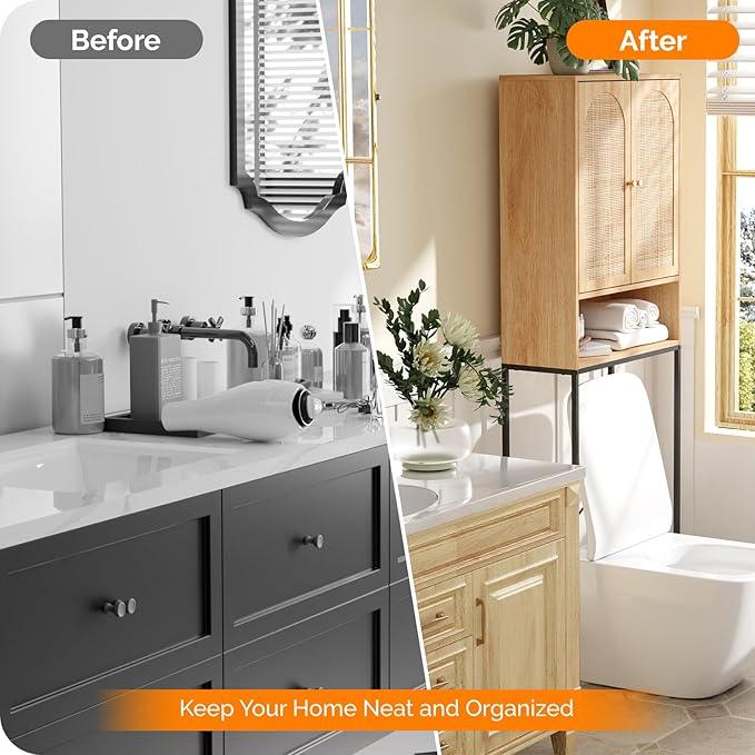VINGLI Over The Toilet Storage Cabinet, Rattan Bathroom Organizer Behind Toilet,Above Metal Stand Rack Tall Freestanding Wood Cabinet with Wicker Doors,Adjustable Shelf for Bathroom,Restroom,Bohemian - ModernBath
