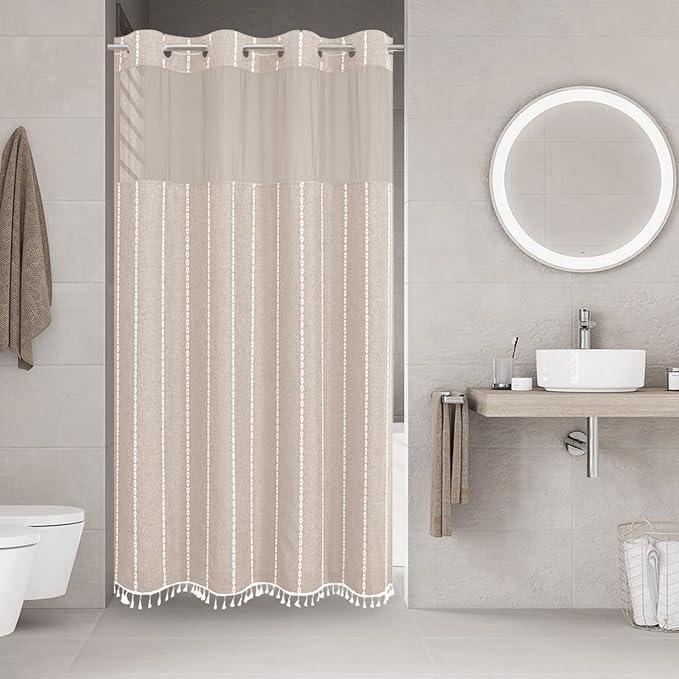 eachope No Hook Stall Shower Curtain with Snap-in Fabric Liner - 54x80 Heavy-Duty Linen Textured Striped Design,Narrow Rustic Modern Farmhouse Bohemian Bathroom Curtain,Water-Repellent,Tan/Taupe - ModernBath