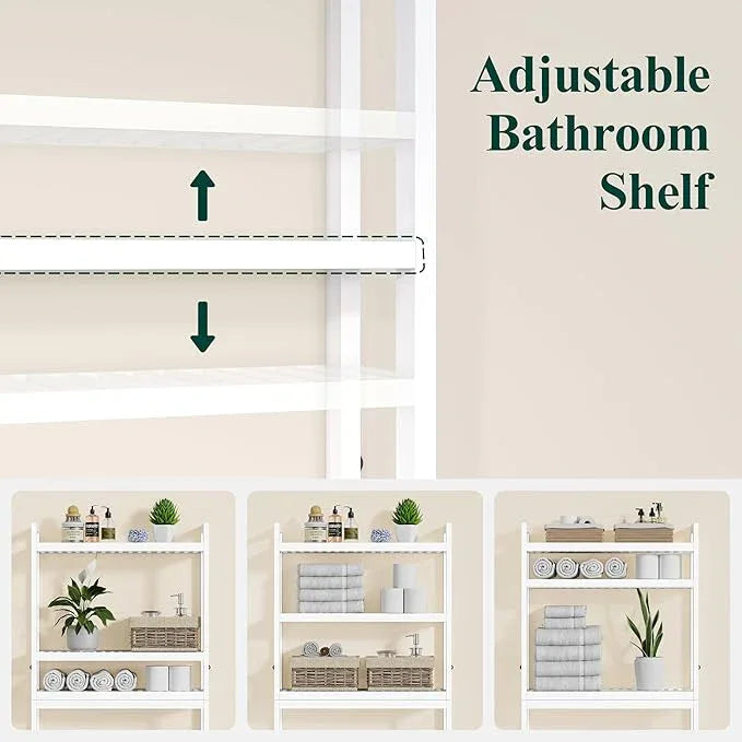Smiry Over The Toilet Storage Cabinet, 3-Tier Bamboo Bathroom Organizers with Adjustable Shelf & 4 Hooks, Space Saving Shelf Rack for Bathrooms, Laundry Room, Balcony, White - ModernBath