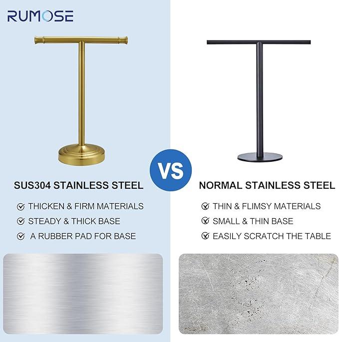 RUMOSE 13 Inch Brushed Gold Towel Stand Hand Towel Holder Bathroom Kitchen Vanity Countertop T-Shape Towel Rack Free Standing Stainless Steel Towel Bar Towel Ring - ModernBath