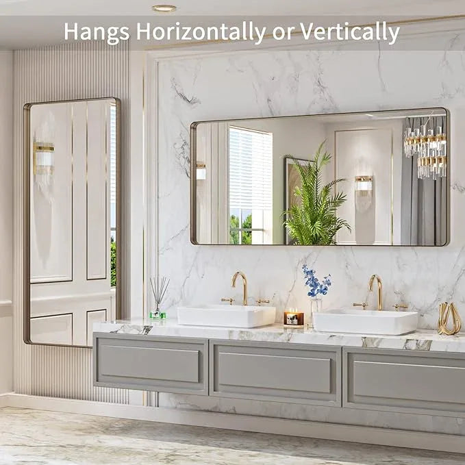 LOAAO 60”X28” Bronze Bathroom Mirrors for Vanity, Rounded Rectangle Brushed Bronze Metal Frame Mirror, Anti-Rust, Tempered Glass, Hangs Horizontally or Vertically - ModernBath