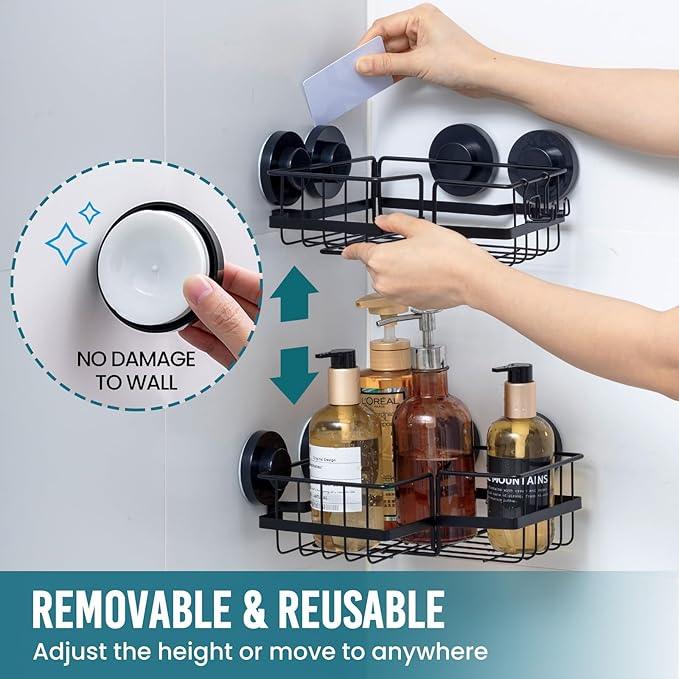 TAILI 2 Pack Corner-adaptive Suction Cup Shower Caddy, Stainless Steel Rustproof Corner Shower Shelves, Large Capacity, Removable Suction Cup Bathroom Organizer, Drill-Free Wall Mounted Baskets, Black - ModernBath