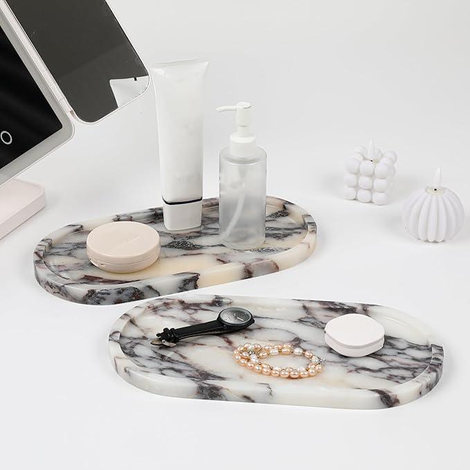 Faticdorr Marble Tray, 2 Pcs, Marble Vanity Tray, Bathroom, Decor for Trinket Perfume Jewelry Candle, White Marble Purple Veins, 12 Inch Oral - ModernBath