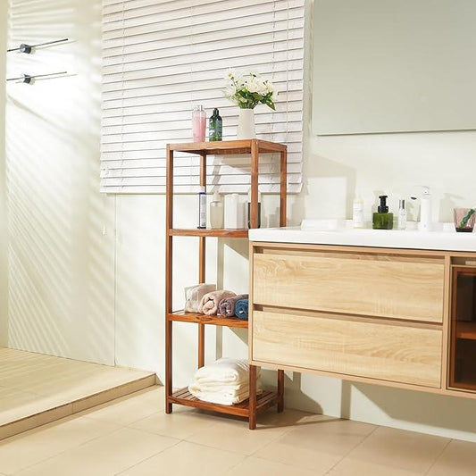 VaeFae Teak Bathroom Shelf, 4-Tier Storage Shelf, Wooden Stand Shelf Organizer for Bathroom, Kitchen, Living Room, Laundry, Garage - ModernBath