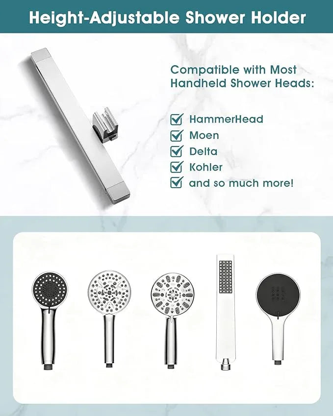 Height & Angle Adjustable Handheld Shower Head Holder, Metal Handheld Showerhead Holder, Hand Held Showerhead Holder Wall Mount, Strong Adhesive, No Drill, Suitable for Bathroom or RV, Chrome - ModernBath