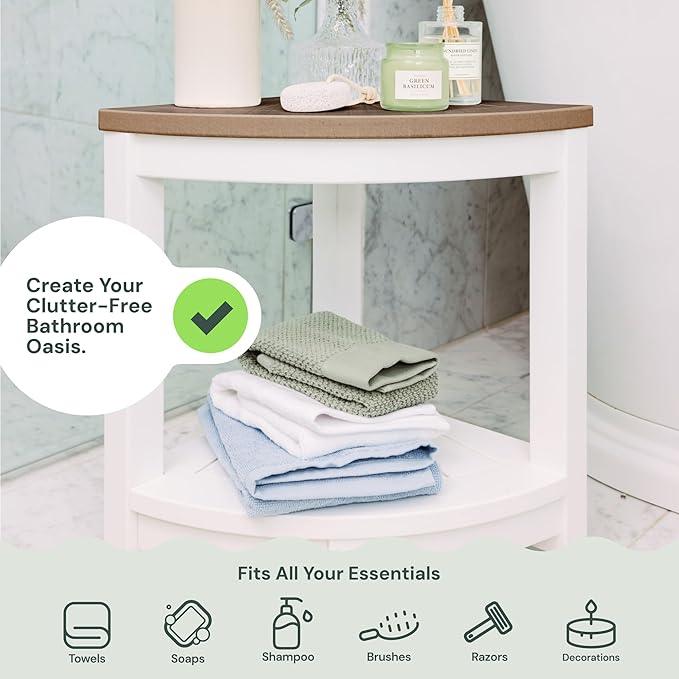 ROHKEX Waterproof Corner Shower Stool - Pack of 1, White & Brown - Stable Shaving Stool for Legs - Easy Assembly Plastic Shower Bench Seat - Non-Slip Feet, Gifts Idea for Home, Corner Bench Seat - ModernBath