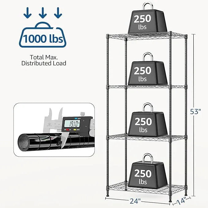 1000 lbs 4Tier Shelf Metal Storage Shelves Wire Rack Closet Organizers with Wheel for Garage Kitchen Bathroom Laundry Black 13.7" D x 23.6" W x 53.4" H - ModernBath