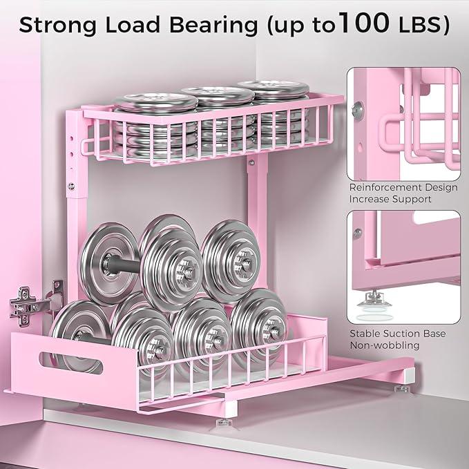 Under Sink Organizer for Kitchen and Bathroom, 2 Pack 2 Tier Pull Out Storage Rack - Height Adjustable Heavy Duty Metal Basket with High Capacity & Safety Stopper, Rustproof for Cleaning Supplies - ModernBath