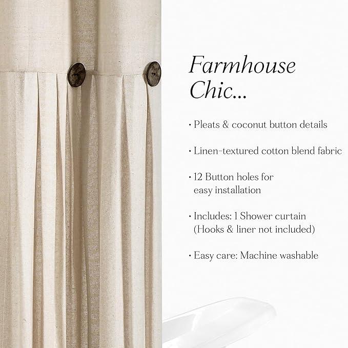 Lush Decor Linen Button Shower Curtain, 72" W x 72" L, Dark Linen - Beige Shower Curtain Fabric - Rustic Bathroom Curtain - Farmhouse Bathroom Decor - ModernBath