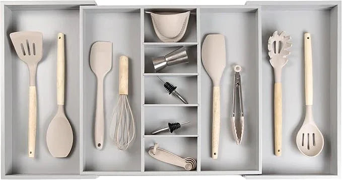 KitchenEdge Adjustable Kitchen Drawer Organizer for Utensils and Junk, Food-Safe Contract Grade with 100% Sustainable Wood, Expandable from 19 to 33 Inches Wide - Gray Bamboo - ModernBath