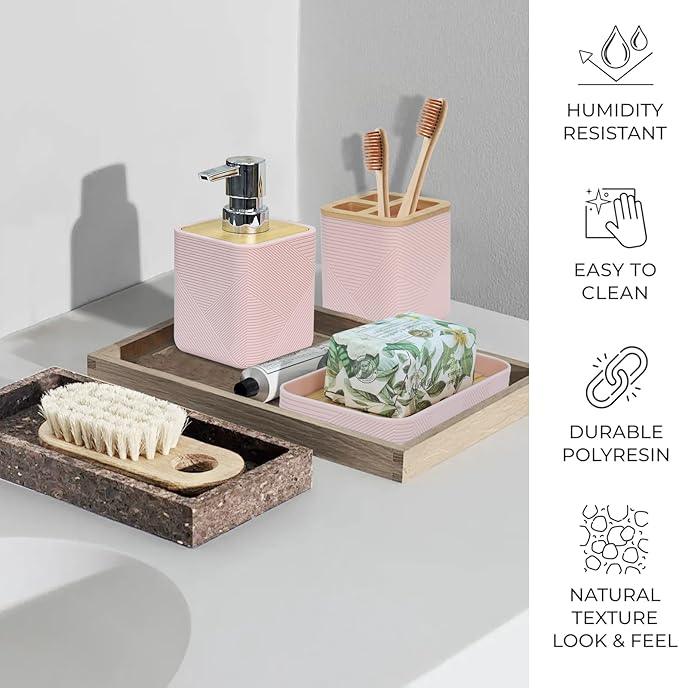 CERBIOR Bathroom Accessories Set 6 Piece Bamboo Bath Ensemble Includes Soap Dispenser, Toothbrush Holder, Toothbrush Cup, Soap Dish for Decorative Countertop and Housewarming Gift (Pink) - ModernBath