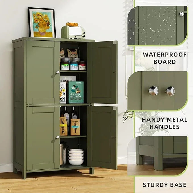 Vongrasig Modern Bathroom Storage Cabinet for Small Spaces: Slim Floor Cabinet with 4 Doors & Adjustable Shelves, Freestanding Organizer for Bathroom, Kitchen Corner, or Apartment Living Room, Green - ModernBath
