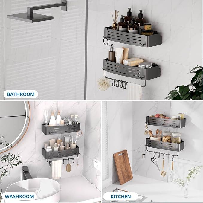 Onemake Shower Caddies Suction Cup, 2-Pack Removable Bathroom Shelf, Shower Organizer with Portable Hooks, Shower Caddy Corner Waterproof Holder with Towel Bar, Gray - ModernBath