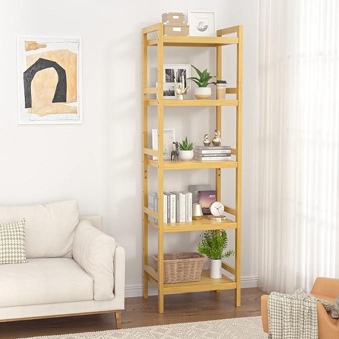 Homykic Bamboo Bookshelf, 5-Tier Narrow 55.9” Adjustable Book Shelf Bookcase Bathroom Shelves Freestanding Storage Stand for Living Room, Bedroom, Kitchen, Rust Resistance, Easy Assembly, Natural - ModernBath