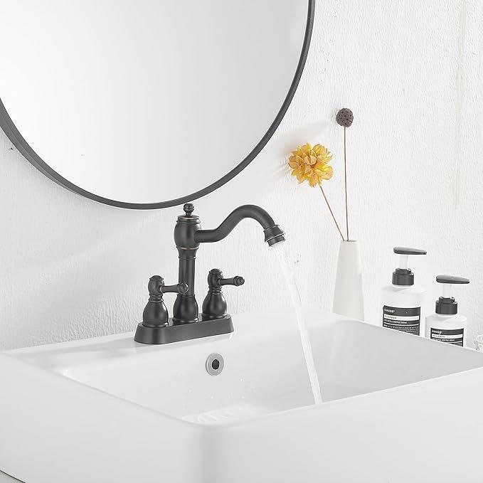 GGStudy Oil Rubbed Bronze Bathroom Faucet 2 Handles 4 Inches Centerset RV Bathroom Vanity Faucet with Drain Assembly and Supply Hose Lavatory Faucet - ModernBath
