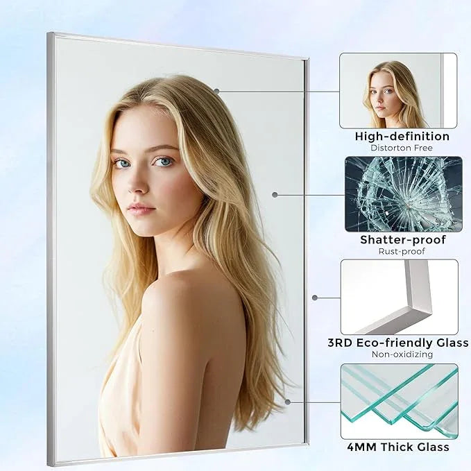 Bonverre 24x30 Inch Nickel Bathroom Mirror for Wall, Aluminum Frame Rectangle Rectangular Vanity Mirror, Modern Large for Bedroom, Living Room, Horizontal or Vertical - ModernBath
