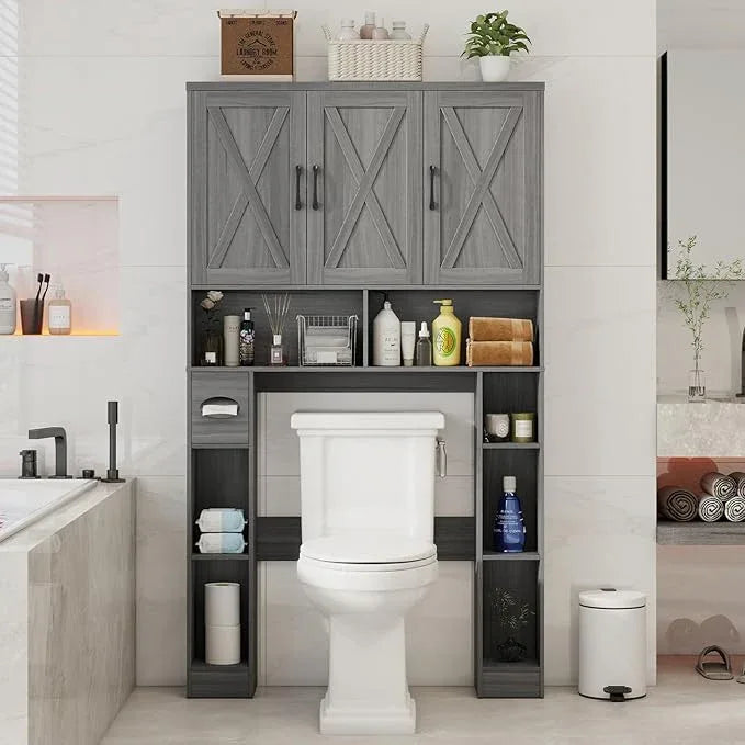 Over The Toilet Storage Cabinet, Farmhouse Toilet Cabinet Rack with 3 Barn Doors, Space Saving Bathroom Organizer with Shelves, Toilet Paper Holder and Towel Rack for Bathroom,Restroom,Laundry - ModernBath