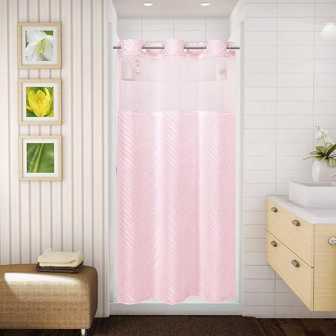 eachope stall no Hook Tufted Shower Curtain with snap in Liner Set, White Waterproof Fabric Inner Liner,Boho Style Shower Curtain with See Through top Window, Pink, 36Wx74H - ModernBath