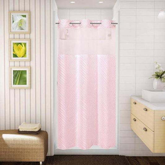eachope stall no Hook Tufted Shower Curtain with snap in Liner Set, White Waterproof Fabric Inner Liner,Boho Style Shower Curtain with See Through top Window, Pink, 36Wx74H - ModernBath