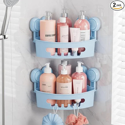 TAILI Suction Corner Shower Caddy, Bathroom Shelf Storage Basket Wall Mounted Organizer for Shampoo, Conditioner, Plastic Rack for Kitchen and Bathroom, Drill-Free Removable -BLUE - ModernBath
