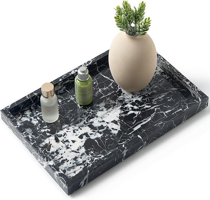 Zilukar Real Natural Marble Tray for Bathroom, Vanity, Kitchen and Desktop, Rectangle Genuine Marble Stone Tray for Jewelry, Cosmetics, Candles, Lotion, Perfume and Home Decor (Black) - ModernBath