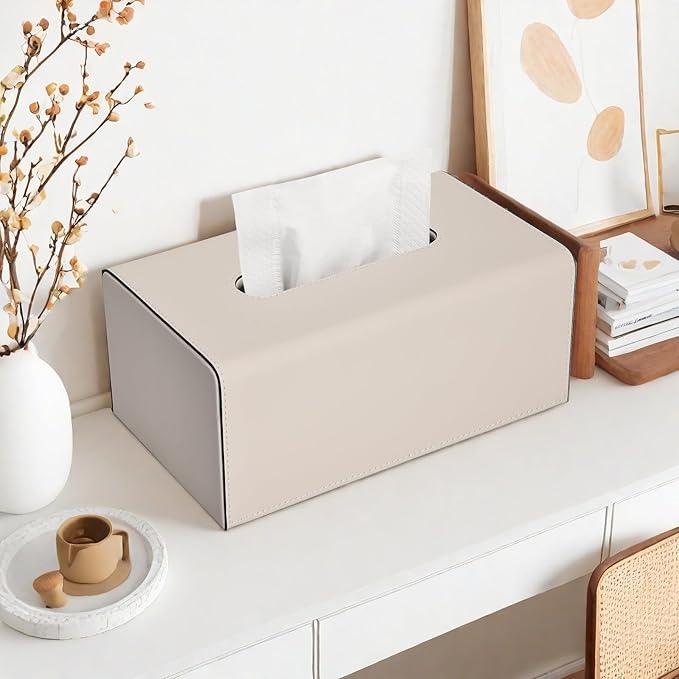 Tissue Box Cover, PU Leather Rectangular Tissue Box Holder with Magnetic Bottom Cover for Facial Tissues/Napkins, Office & Living Room Decor Box for Standard 120-count (3-Ply) 160-count (2-Ply) Beige - ModernBath