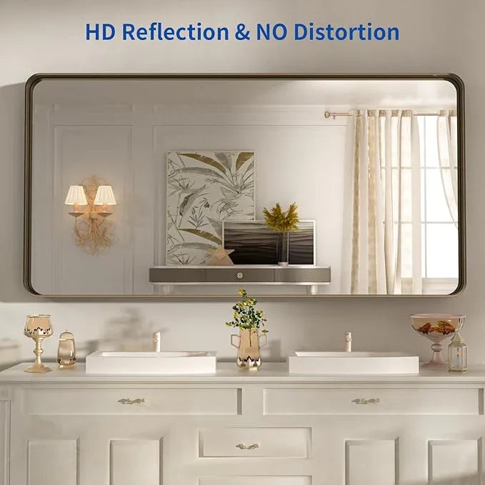 WEER 60x36 Inch Bronze Bathroom Mirror for Vanity, Brushed Bronze Metal Frame Mirror for Wall, Rounded Rectangle Bronze Frame Mirror with Tempered Glass, Anti-Rust (Horizontal/Vertical) - ModernBath