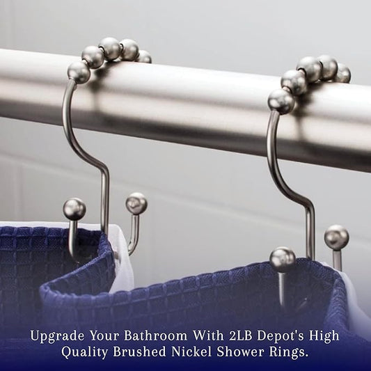 2lbDepot Double Sided Shower Curtain Hooks, Decorative Brushed Nickel Shower Curtain Hooks Rust Proof, Premium Stainless Steel Metal Hooks, Easy Glide Rollers, Set of 12 Curtain Rod Rings