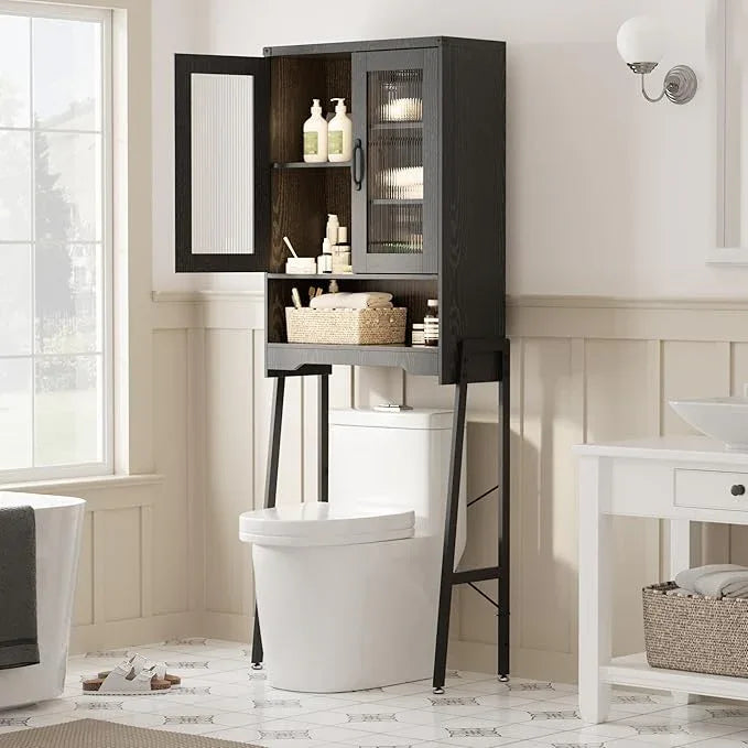 Over The Toilet Storage Cabinet with Tempered Glass Doors & Adjustable Shelf, Bathroom Organizer with Metal Stand Space Saver Over Toilet , Tall Freestanding Shelf/Rack for Bathroom, Black - ModernBath