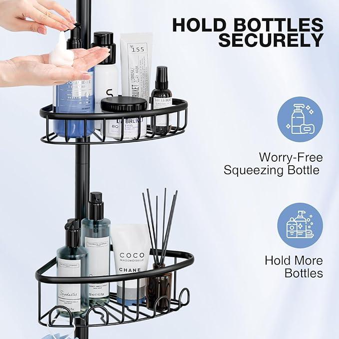 Corner Shower Caddy Tension Pole: Stainless Steel Rustproof 4-Tier Shower Organizer - 47-121 inch Adjustable Bathroom Shelves for Bathtub Shampoo Storage - Tension Rod Floor Standing Bath Rack - Black - ModernBath