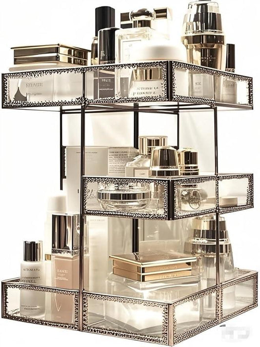Vintage Glow Antique 360 Degree Rotating Makeup Organizer,4-Tier Spinning Perfume Tray,Countertop Cosmetic Storage ,Glass Beauty Display,Retro Large Capacity Vanity Organizer for Brushes Skincare - ModernBath