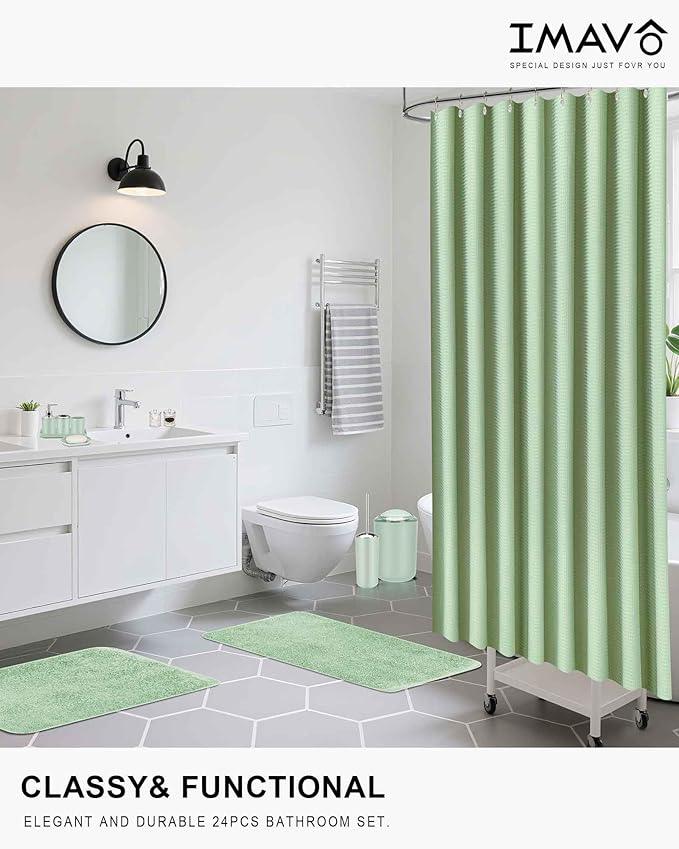 IMAVO Green Bathroom Accessories,Non Slip Super Absorbent Rugs and Waterproof Shower Curtain with Hooks,Complete Bathroom Set for Bathroom Décor - ModernBath