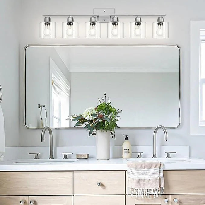 FAISHILAN Modern Brushed Nickel 6 Light Bathroom Light Fixtures,38 inch Vanity Lights for Bathroom with Clear Glass, Vanity Light for Mirror Kitchen Living Room Hallway Cabinet Porch - ModernBath